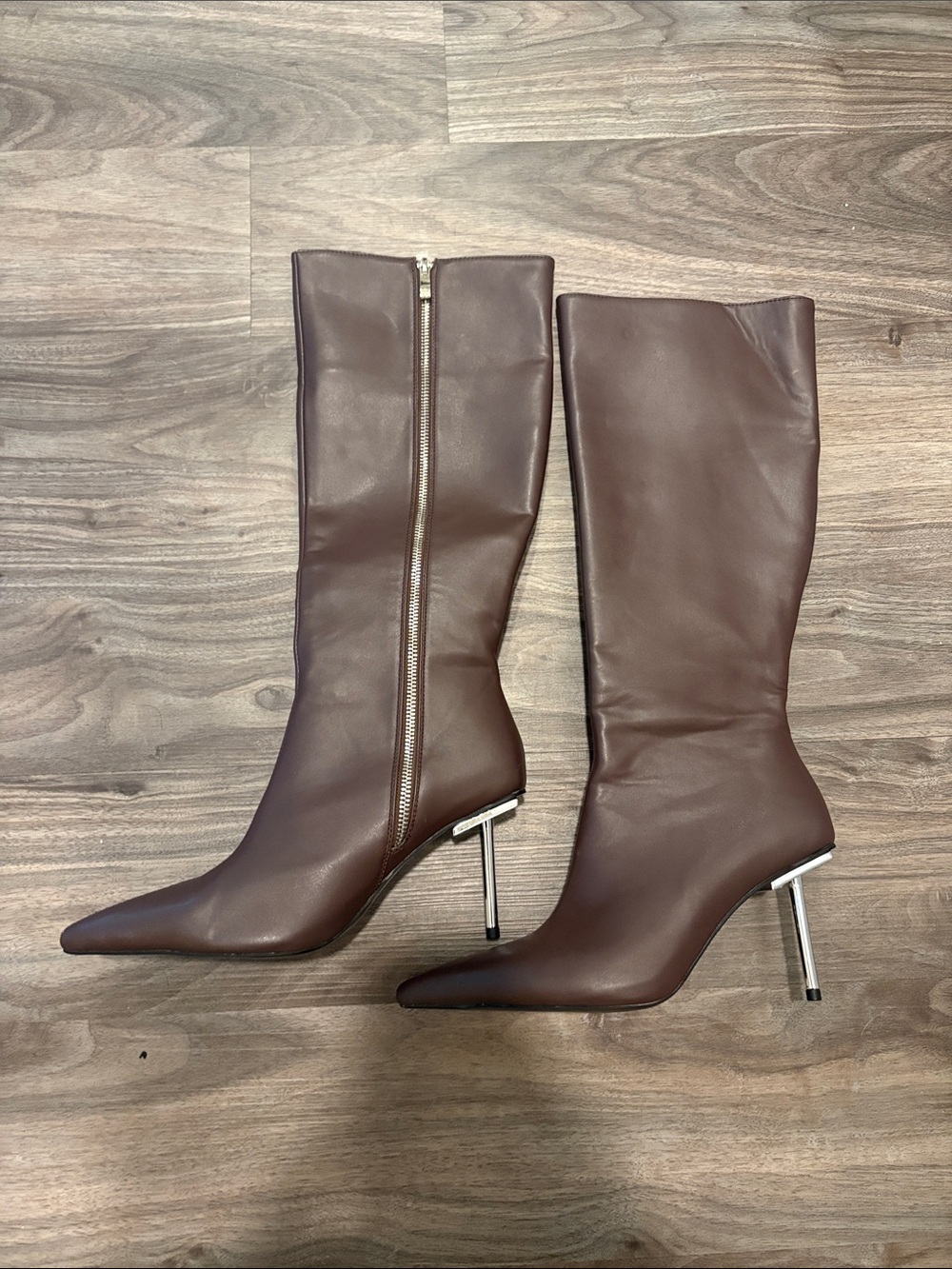 Women's Brown Pointed-Toe Mid-Calf Heeled Boots